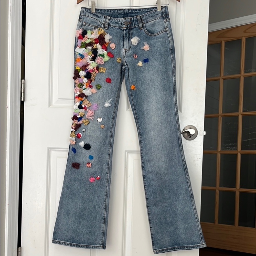 Custom Floral Embellished wide leg flare low rise J. Galt Shanghai Jeans small